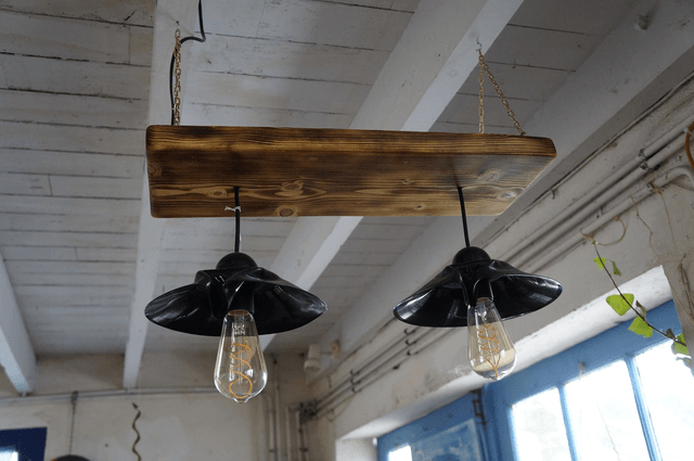 Lustre LEDs en disque vinyle et bois brûlé - Vendu
